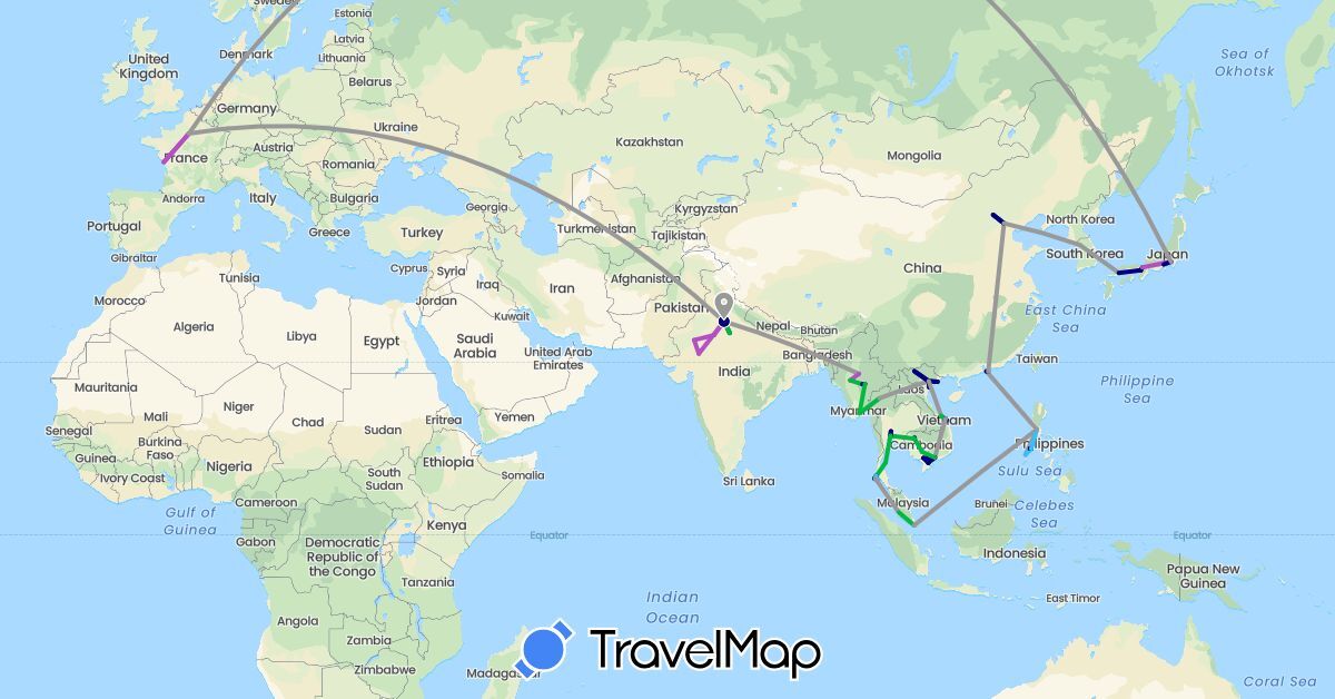 TravelMap itinerary: driving, bus, plane, train, boat in China, France, India, Japan, Cambodia, South Korea, Laos, Myanmar (Burma), Malaysia, Nepal, Philippines, Singapore, Thailand, Vietnam (Asia, Europe)